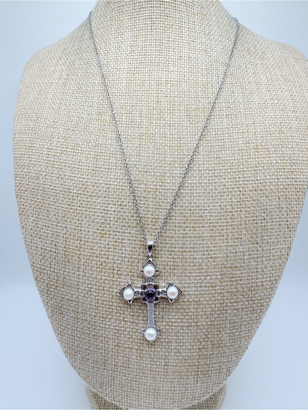 Silver Cross Necklace with Pearls and Amethyst Accent - STS KARIS